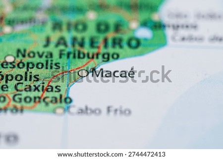 Close up map detail highlighting Macae on Rio de Janeiro coast Brazil