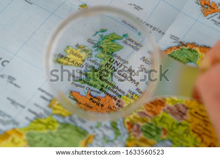 Close up of map of Great Britain, loupe view of Great Britain map