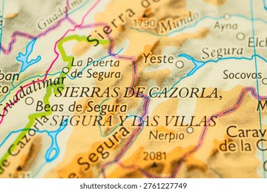 Close up map of Sierras de Cazorla Segura y Las Villas natural park area in Spain