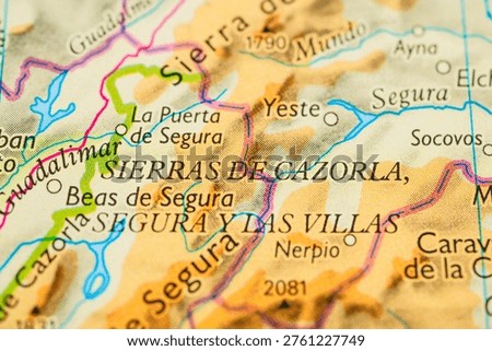Close up map of Sierras de Cazorla Segura y Las Villas natural park area in Spain