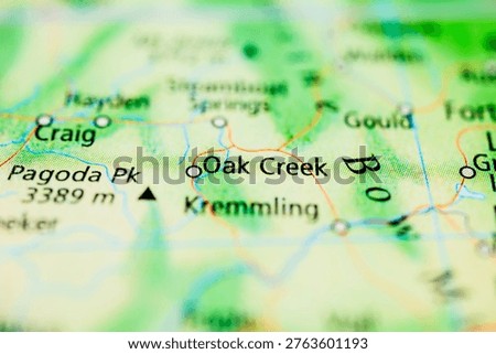 Close up map view of Oak Creek Colorado with shallow depth of field focus on town name