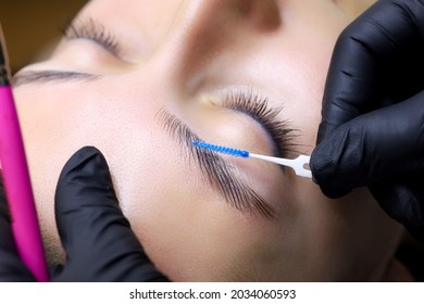 close up of the master's hands holding the brush the master directs the growth of hairs after lamination of the eyebrows - Shutterstock ID 2034060593