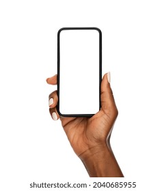 Close up of mature african hand holding smartphone with blank screen isolated on while background. Black woman showing empty screen of modern cellphone. Mature hand showing white screen of smart phone