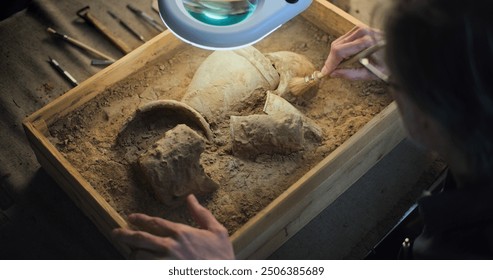 Close up of mature archaeologist cleaning cultural heritage of extinct civilization from sand under lamp, using brush. Scientist works in archaeological laboratory, examines ancient fossil remains. - Powered by Shutterstock