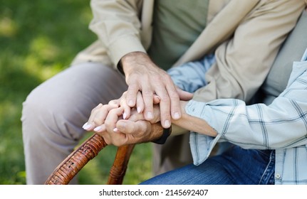 Close Up Mature Couple Holding Hands, Loving Man Supporting Comforting Wife, Family Expressing Empathy And Understanding, Trusted Relationship In Marriage