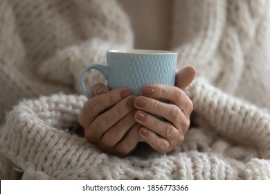 Close up mature woman wrapped warm blanket holding mug of coffee or tea, middle aged female enjoying free time, weekend at home, relaxing, drinking hot beverage in morning, starting new day - Shutterstock ID 1856773366