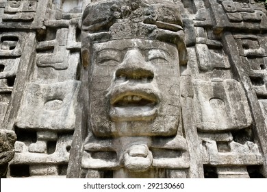 Close Up Of Maya Mask Temple Located In The Forest Of Belize.