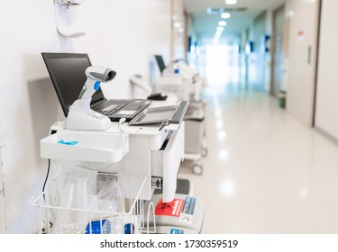 close up medical cart in empty corridor at hospital