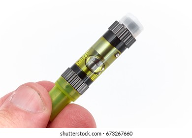 Close Up Of Medical Marijuana Vape Cartridge Isolated On White Background