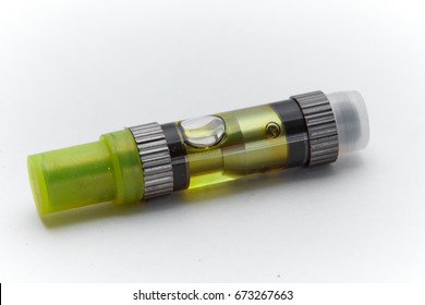 Close Up Of Medical Marijuana Vape Cartridge Isolated On White Background