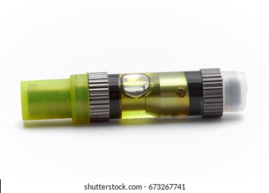 Close Up Of Medical Marijuana Vape Cartridge Isolated On White Background