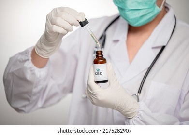 Close Up Medical Technologist Asian Woman Looks At A Bottle Of CBD Oil. Research On Cannabis Extracts. Sleep Supplement. Medical Marijuana. Vitamins And Supplements Healthy Alternatives.