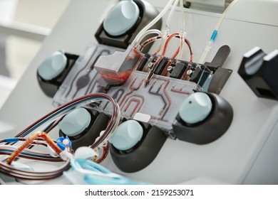 Close Up Of Medical Tubes In Blood Transfusion Machine At Donor Center