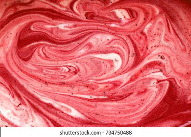 Close up melted strawberry and vanilla ice cream textured background.