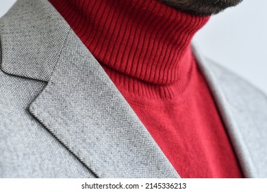 Close Up Of Men Light Tweed  Blazer Combined With Bright Red Sweater.  Selective Focus.