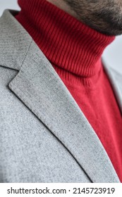 Close Up Of Men Light Tweed  Blazer Combined With Bright Red Sweater.  Selective Focus.