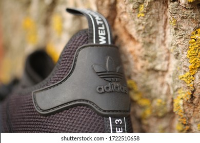 close up men's black sports shoes adidas model NMD_R1.Belarus,Minsk,2020