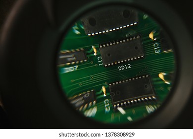 Close up of microelectronics engineering, electronic board circu