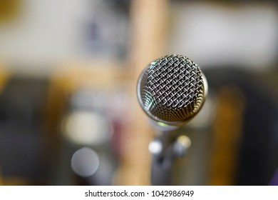 Close up of microphone in studio room.
