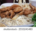 Close up Mie ayam teriyaki Solaria, Noodles with chicken teriyaki, chicken teriyaki, fried dumpling and vegetables is Indonesia popular food