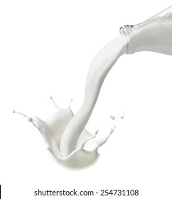 Close Up Of  A Milk Bottle And  Splash On White Background