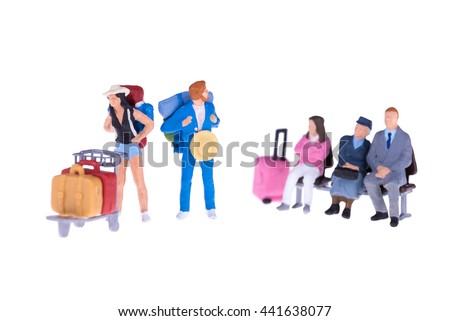 Close up of Miniature businessman and tourist people isolate on white background.