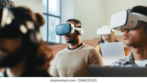 Close up of mixed-races males and female students in VR glasses listening to lection at college and rising hands to answer. Hi-tech study. Multiethnic young people having virtual reality education. - Powered by Shutterstock