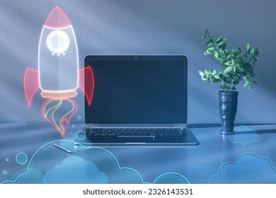 Close up of mock up laptop computer with creative rocket ship sketch on blurry background with plant. Content launch and spaceship concept. Double exposure