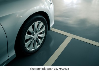 Close Up Of Modern Car In Parking Lot, Anti Slip Coating Floor For Safety