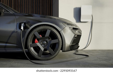 Close up of modern generic electric vehicle EV hybrid car is being charged from a wallbox near a contemporary modern residential building house - Shutterstock ID 2295093167