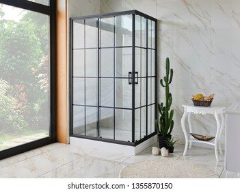 Close up modern grid shower in the white ceramic bath room. - Shutterstock ID 1355870150