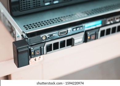 Close Up Of Modern Rack Server In Small Business Server Room