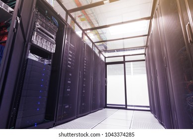 Close up modern of server computer, Super Computer, Data center with abstract color effect.