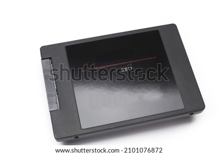 Close up of modern SSD hard disk drive against white background