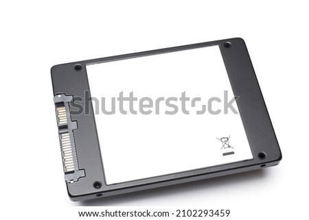 Close up of modern SSD hard disk drive against white background