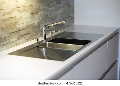 Close Up Of Modern Stylish Stainless Steel Kitchen Sink