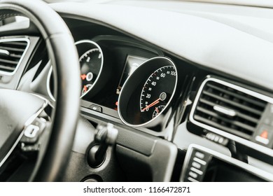 Close Up Modern Vehicle Dashboard Interior Speedometer