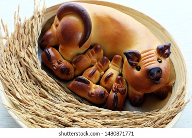 Close Up Of Moon Cake With Mother Pig And Piglets Shape In Bamboo Plate With Paddy From High View On White Background