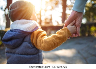 Close Up Of Mother And A Child Hands At The Sunset. A Parent Holds The Hand Of A Small Boy In The Sunset. Mother Holding Her Little Boys Hand Walking Down The Street