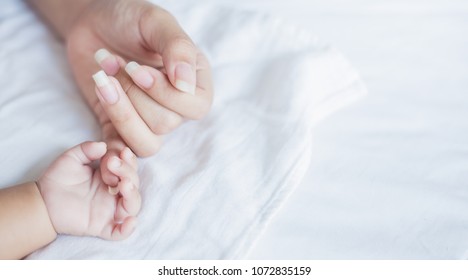 Gros plan sur la main de la mère tenant un nouveau-né sur fond blanc, arrière-plan copie, arrière-plan bannière famille amour harmonie concept de la journée de la mère