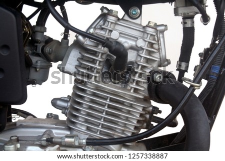 Close up of motorcycle engine on white background. Motorcycle engine.
