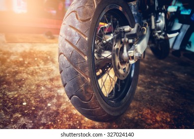 Close Up Of Motorcycle Wheel, Focus Tyre