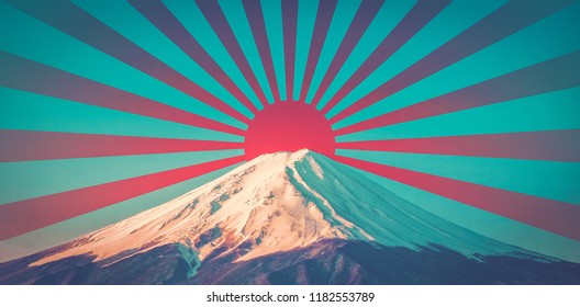 Close up of mount Fuji san with red nippon circle illustrate sunset and clear light clear blue sky, with blank copy space, stunning scene - Powered by Shutterstock