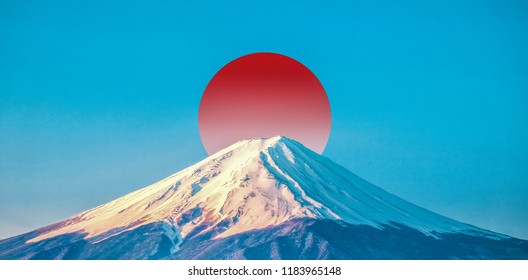 Close up of mount Fuji san with red nippon circle illustrate sunset and clear light clear blue sky, with blank copy space, stunning scene - Powered by Shutterstock