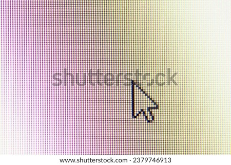 Close up of mouse cursor on computer screen. Macro shot of cursor on pixelated screen