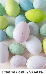 Close up of Multi colored eggs white background for happy easter concept or greeting card