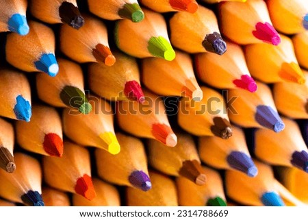 Close up of multi coloured pencils with sharpened ends. Writing, colouring, learning, school and education concept.