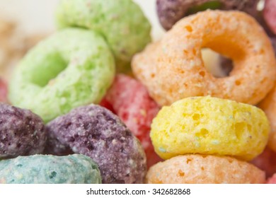 Close Up Multicolored Sugary Fruit Ring Breakfast Cereal 