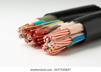 Close Up of Multi-Conductor Electrical Cable on White Background