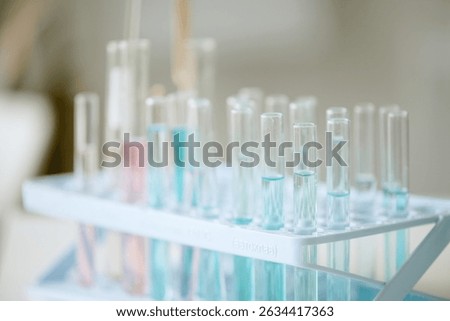 Close up of multiple test tubes containing various colored liquids placed in laboratory rack, with a blurred background. Creating scientific and experimental setting
